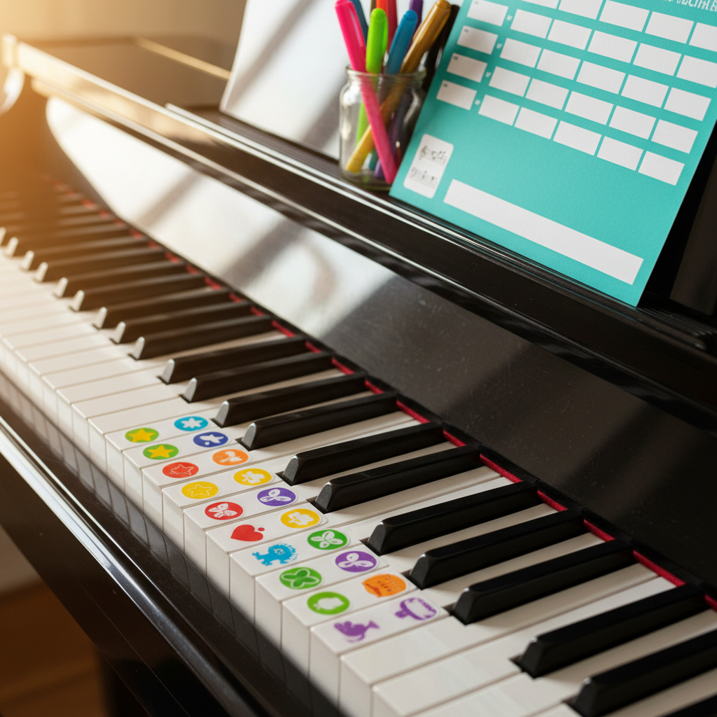 A close-up of a glossy black and white keyboard on a digital piano shows a row of colorful, removable note-name stickers placed neatly on the keys, each featuring a different playful icon like stars and animals. A bright turquoise practice chart and a small jar of vibrant gel pens rest on the piano’s smooth, reflective music stand. Golden hour sunlight enters from the left, catching the edges of the keys and casting long, soft shadows across the instrument. Shot in photographic realism with a shallow depth of field from a diagonal angle, the focus is on the textures of the keys and stickers. The atmosphere is warm, encouraging, and slightly magical, suggesting progress and growing confidence for young pianists.